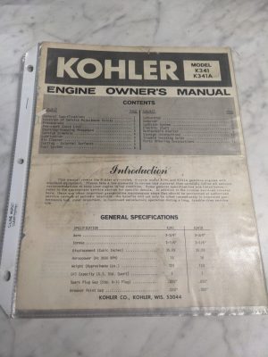 Kohler Engine Owners Manual K341 K341A Ens-921 Maintenance Operation Adjustment