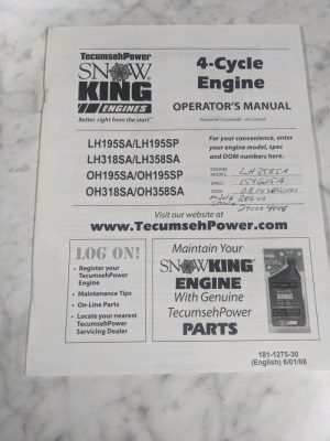 Tecumseh Snow King Engines 4 Cycle Operator'S Manual 181-1275-30 2008