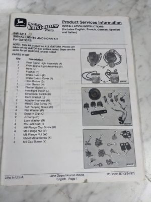 John Deere Bm19214 Signal Lights & Horn Kit Installation Instruction Manual 1997