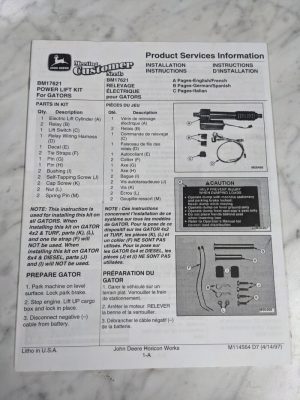 John Deere Bm17621 Power Lift Kit Installation Instruction Manual M114564 1997