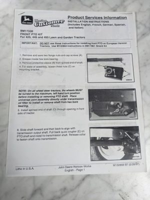 John Deere Installation Instruction Manual Front Pto Kit Bm17330 M132658 425 445