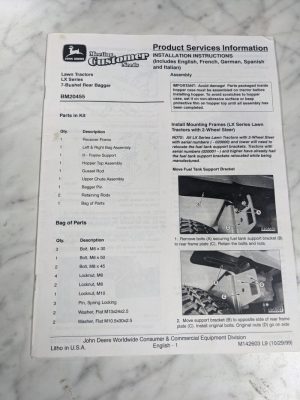 John Deere Installation Instruction Manual Lx Series Rear Bagger Bm20455 M142603