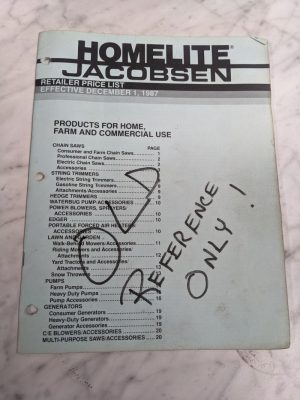Homelite Jacobsen Retailer Parts Price List Catalog Sales Literature 1987