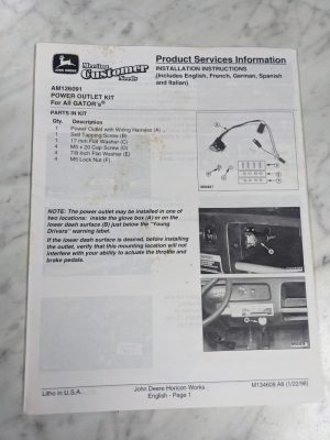 John Deere Service Installation Instruction Manual Am126091 Power Outlet Kit