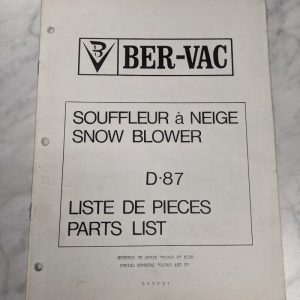 Ber-Vac Snowblower D-87 Spare Service Parts List Book Manual Catalog 655031