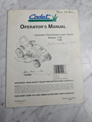 International Ih Cub Cadet Operator'S Owners Manual 1170 1180 Lawn Tractors