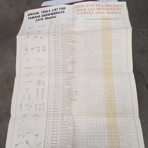 Yamaha Special Tools List Poster 1976 Snowmobile Models 24” X 33”