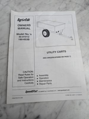 Agrifab Owners Manual Model 45-01012 190-653B Utility Carts Service Parts List