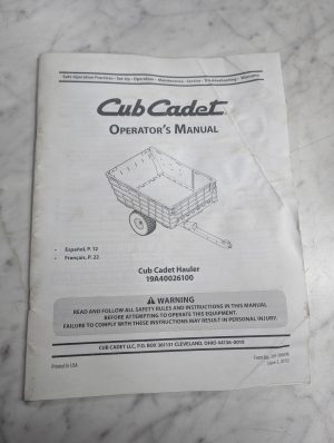Cub Cadet Operator'S Service Manual Parts List Book Hauler 19B470026100 2015