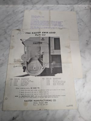 1966 Kasten Kwik-Load Parts List Catalog Self Unloader Instruction Manual