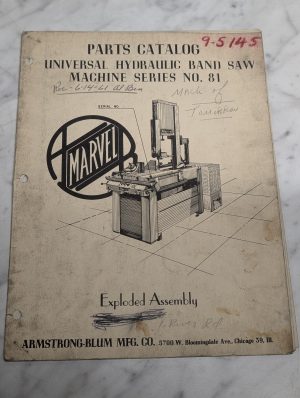 Marvel Parts Catalog Manual List Hydraulic Band Saw #81 ~ Missing Pages