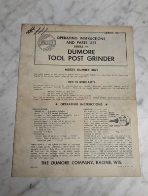 Dumore Operating Instruction Manual Parts List Series 44 Tool Post Grinder 8701