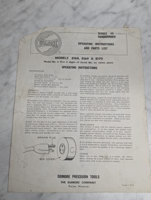 Dumore Operating Owner Manual Parts List Series 10 Handgrinder 8168 8169 8170