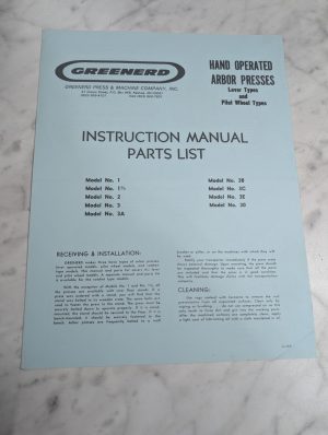 Greenerd Hand Operated Arbor Press Owner Manual Parts List Models 1 2 30 & More
