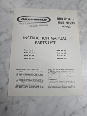 Greenerd Hand Operated Arbor Press Owner Manual Parts List Models 3R 3Er & More