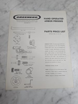 Greenerd Hand Operated Arbor Press Parts Price List 1973