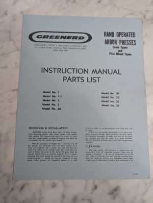 Greenerd Hand Operated Arbor Press Owner Manual Parts List Models 1 3B 30 & More