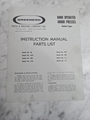 Greenerd Hand Operated Arbor Press Owner Manual Parts List Models 3R 3Ar & More