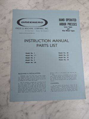 Greenerd Hand Operated Arbor Press Owner Manual Parts List Models 3B 30 2 & More