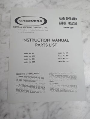 Greenerd Hand Operated Arbor Press Owner Manual Parts List Models 3Er 30R & More