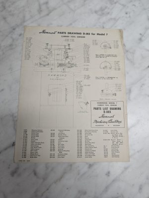 Hammond Illustrated Parts List Drawing D-803 Model 7 Carbide Tool Grinder Manual