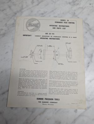 Dumore Operator Instruction Manual Parts List Series 24 Hydraulic Feed Control