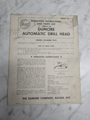 Dumore Operator Instruction Manual Parts List Series 20 Drill Head 8135