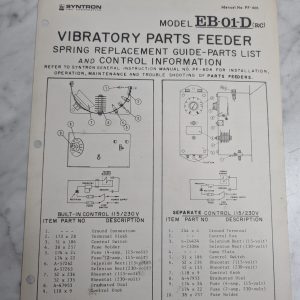 Syntron Eb-091-D (Rc) Vibratory Parts Feeder Spring Replacement Guide 1970