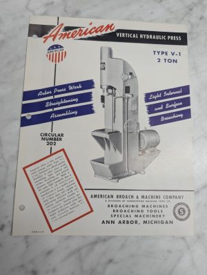 American Broach Machine Type V-1 2 Ton Sales Brochure Literature Catalog Feature