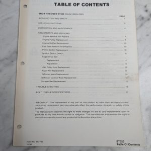 Ford Repair Service Manual Snow Thrower Blower St320 Model 09Gn 5203 1984