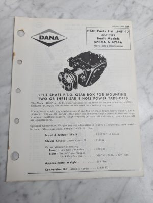 Dana Chelsea Repair/Service Parts List Catalog Manual Model 4700A 4714A 1972 Pto