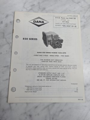 Dana Service/Repair Parts List Catalog Manual Model 820 Series Pto 1972