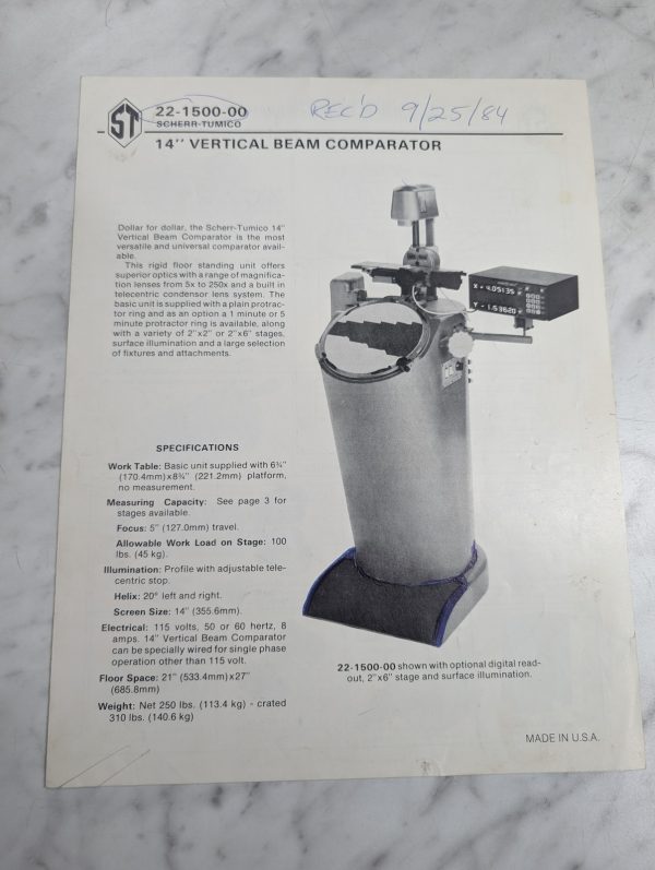 Scherr-Tumico 14” Vertical Beam Comparator Sales Brochure Literature 22 ...