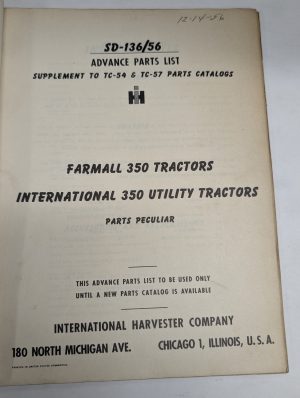 International Ih Advance Parts List Supplement Tc-54 Catalog 350 Utility Tractor