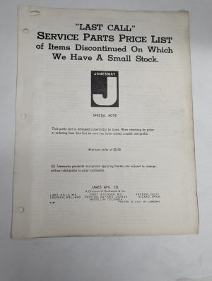 Jamesway Last Call Service Parts Price List Discontinued Items In Stock 1961