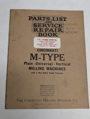 1930 Cincinnati Milling Machine Part List Service Repair Manual M-Type Universal