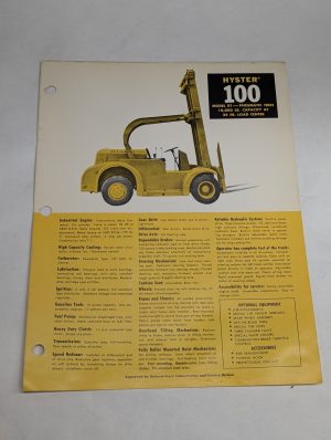 Hyster Fork Lift Truck Sales Brochure Information Sheet Rt 100 1956
