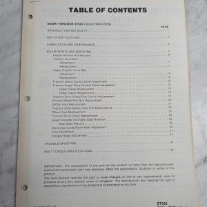 Ford Repair Service Manual Snow Thrower Blower St524 Model 09Gn 5239 1984