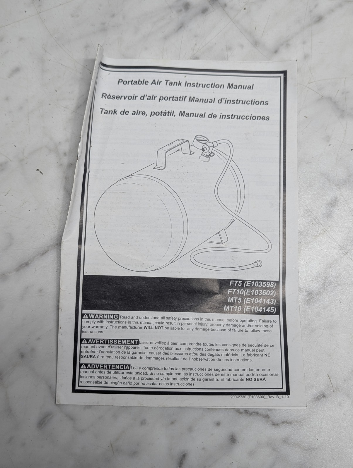 Portable Air Tank Ft5 Ft10 Mt5 Mt10 Instruction Manual Owners Guide Book