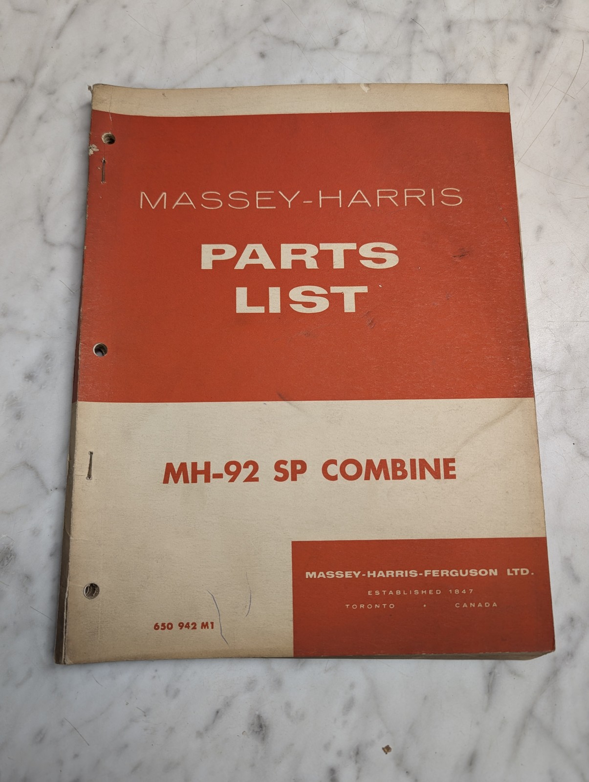 Massey-Harris Mh-92 Sp Combine 650 942 M1 Parts List Manual Catalog Book