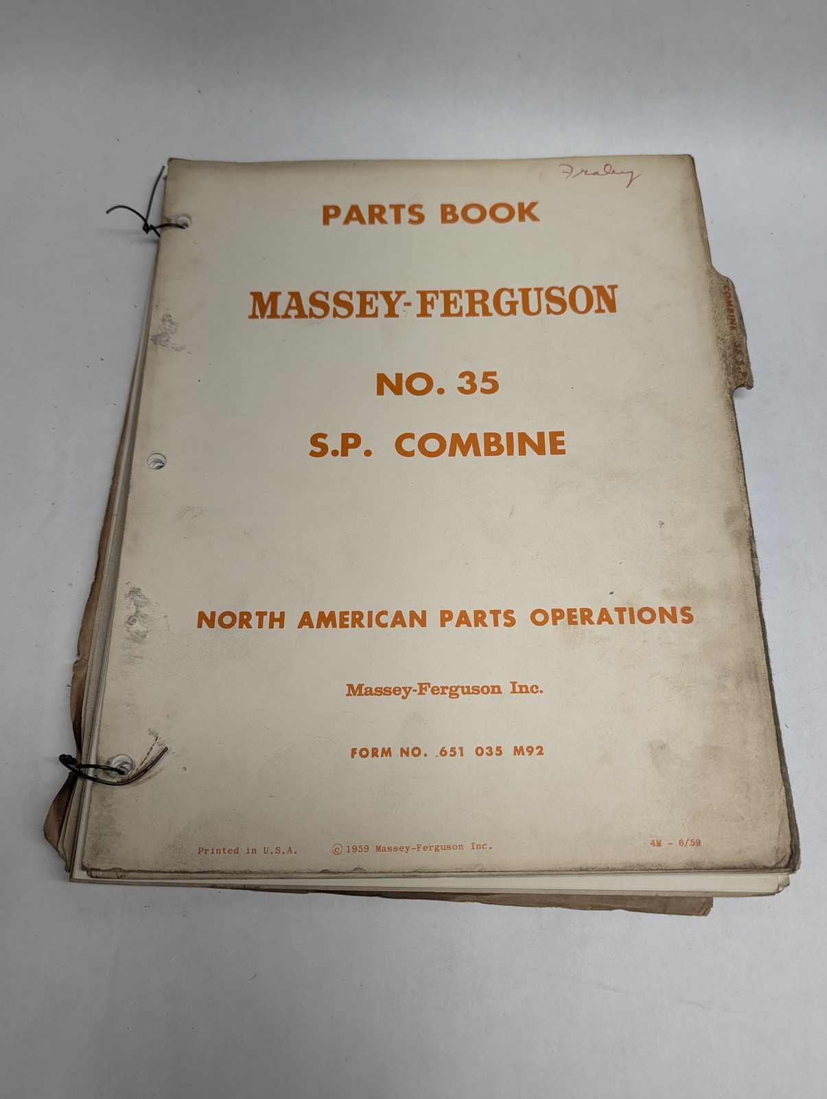Massey-Ferguson Mf No 35 S.P. Combine 651 035 M92 Parts Manual List Catalog