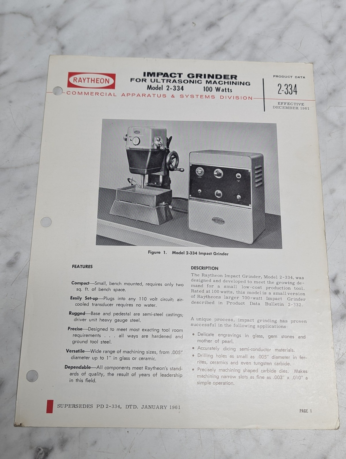 Raytheon Model 2-334 Impact Grinder For Ultrasonic Machining Product Data 100 Wa