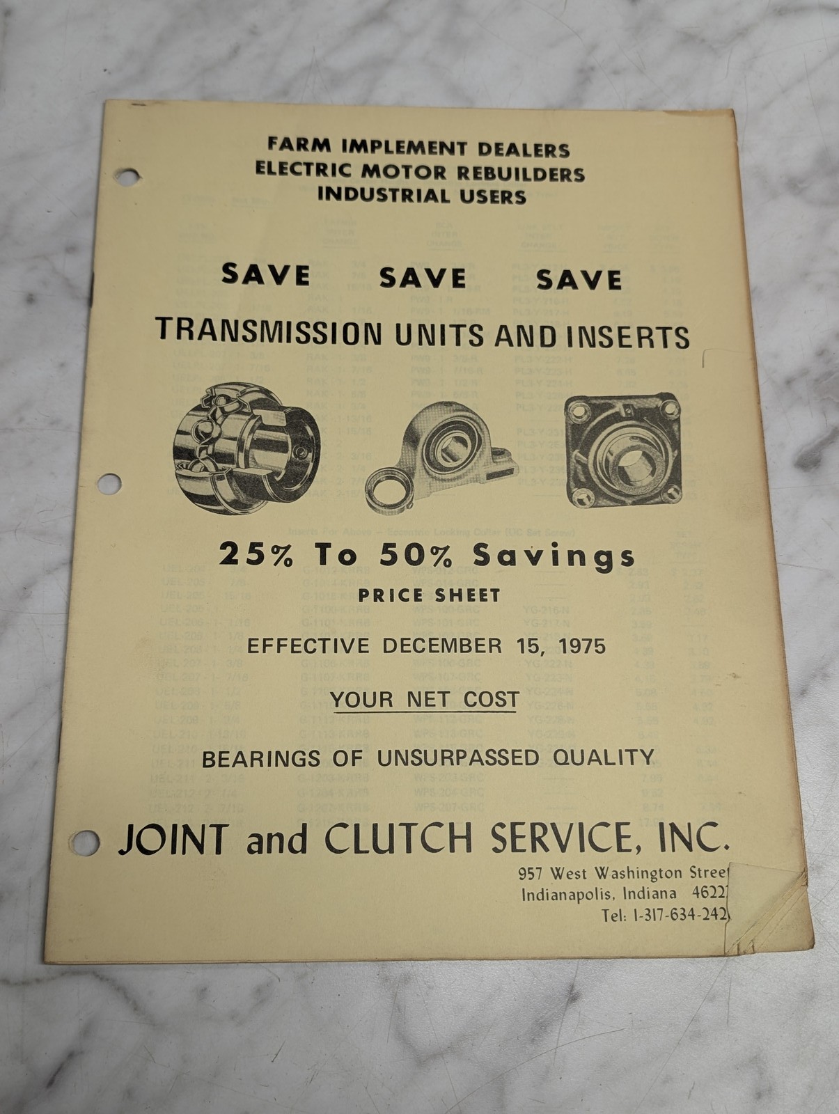 Joint And Clutch Service Transmission Units Inserts Price Sheet 1975