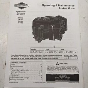 Briggs & Stratton Operating Maintenance Manual 290700 294700 303700 350700 1999