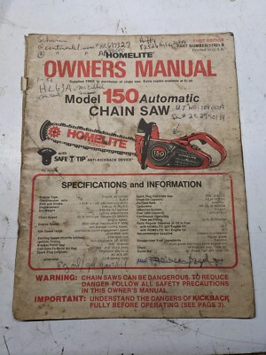 Homelite Owners Manual Model 150 Automatic Chain Saw 1981 Maintenance