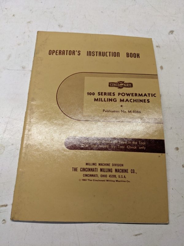 Cincinnati Milling Operators Instruction Book Manual 100 Series ...