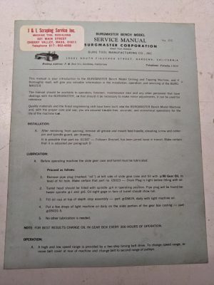 Burgmaster Service Manual Drilling Tapping Machine Bench Model 302 Parts List