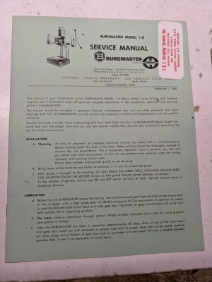 Burgmaster Service Manual Drilling Tapping Machine Model 1-D Parts List 1967