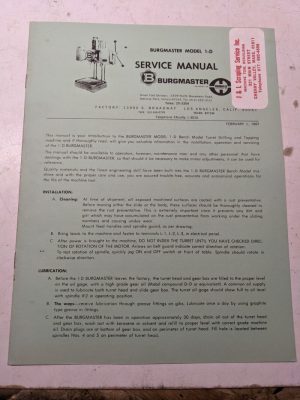 Burgmaster Service Manual Drilling Turret Machine Model 1-D Parts List Bench