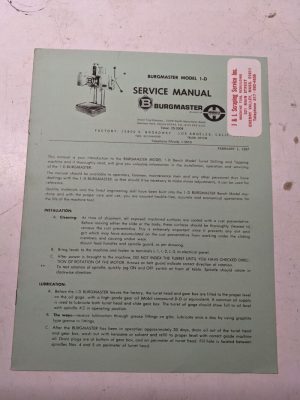Burgmaster Service Manual Drilling Turret Machine Model 1-D Parts List 1967